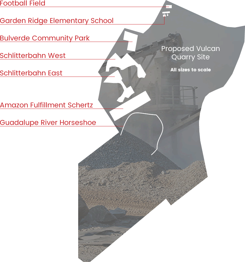 Proposed Comal County Vulcan quarry site shown to scale with other locations in New Braunfels, Bulverde, Garden Ridge, Spring Branch, Texas