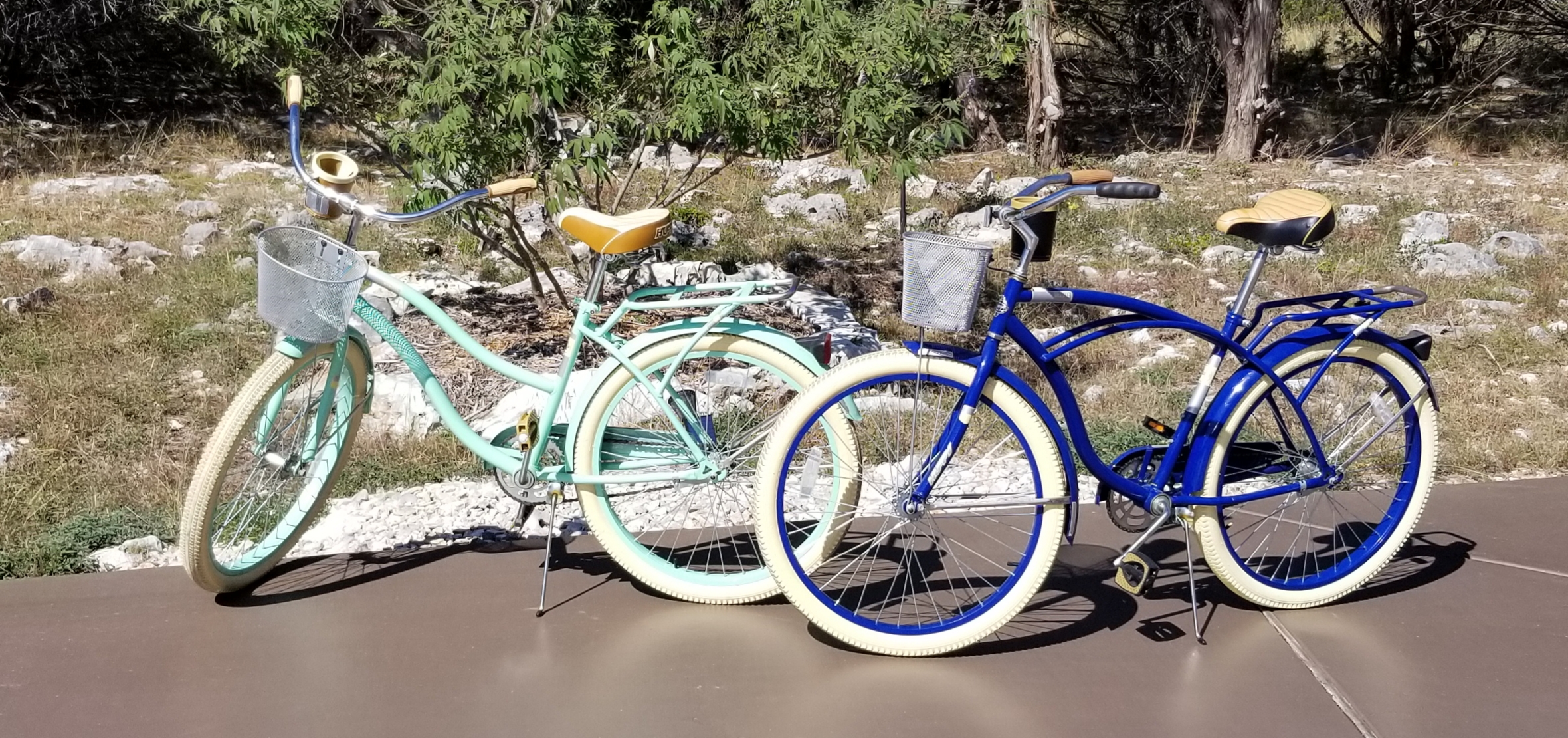 Online Secret Auction: Pedal Pushers Delight: Huffy 26” Deluxe Cruiser Bikes (like new) w/cupholders, front basket, and adjustable rear rack. Men’s (dark blue), Women’s (Mint Green)